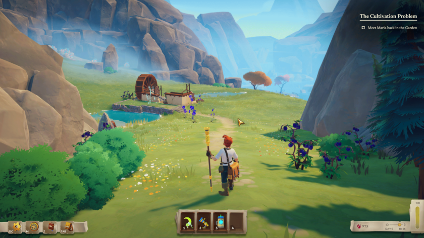 An image from The Last Alchemist showing the Apprentice walking through the land, with a hill in front of him and small trees to the left.
