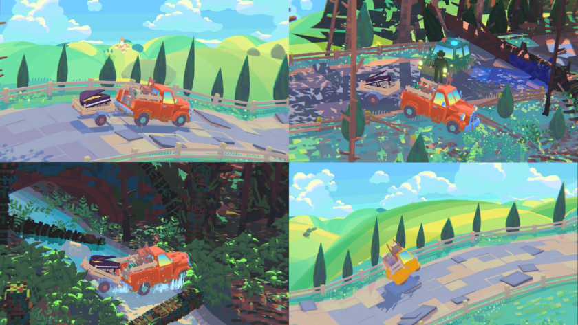 In Truckful, an orange pickup truck loaded with various items, including a piano, navigates through diverse and scenic environments. In one scene, it drives along a winding country road with lush green hills in the background. Another scene shows the truck stopped near a forest path, encountering a police officer after an accident involving a fallen tree. The third scene has the truck crossing a shallow stream in a dense forest, showcasing the game's vibrant and colorful art style. Published on: LadiesGamers.