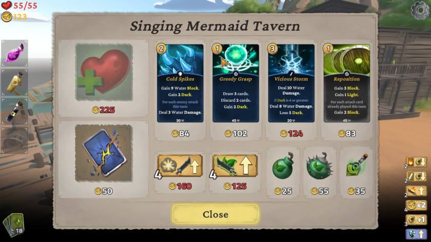 The shop layout in Elemental Exiles.