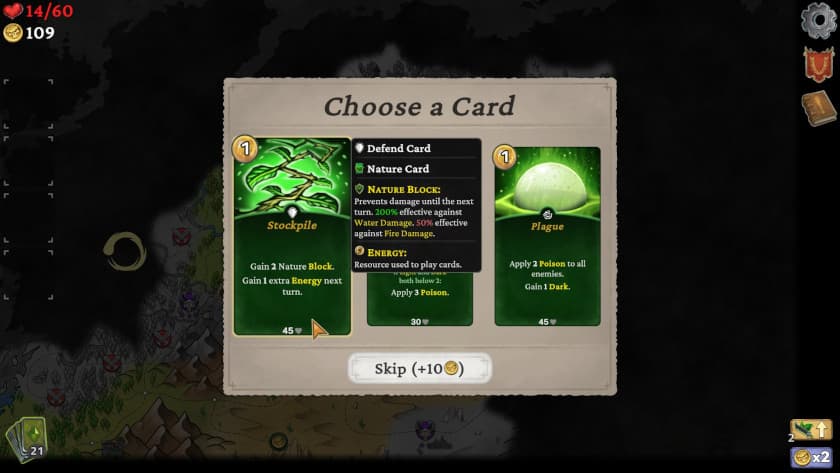 The choose a card menu in Elemental Exiles.