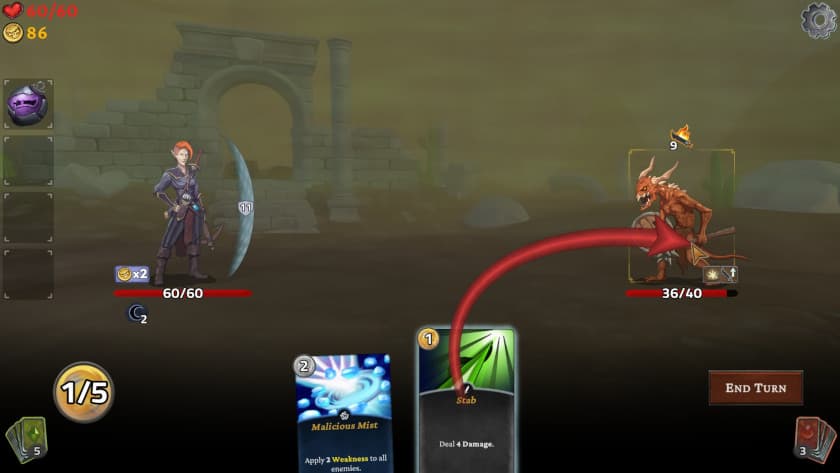 Using a card in battle against a goblin.