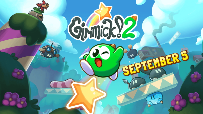 The image shows a vibrant and colorful scene from Gimmick! 2, featuring a green character with a cheerful expression jumping in the air against a bright blue sky. Surrounding him are various whimsical elements like a rainbow, stars, flowers, and floating platforms with cute, round black enemies. The text "Gimmick! 2" is displayed prominently at the top, with "September 5" highlighted in bold yellow letters to the right. Published on: LadiesGamers.