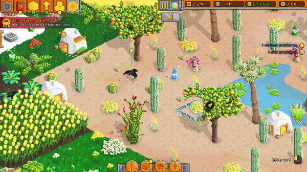 In this vibrant scene from the game Horticular, a pixel art style landscape features various plants, trees, and cacti. Small creatures roam the area, and a character interacts with the environment near a pond. The top-down view shows a diverse and colorful ecosystem with houses, a cornfield, and a desert-like section. Published on: LadiesGamers.