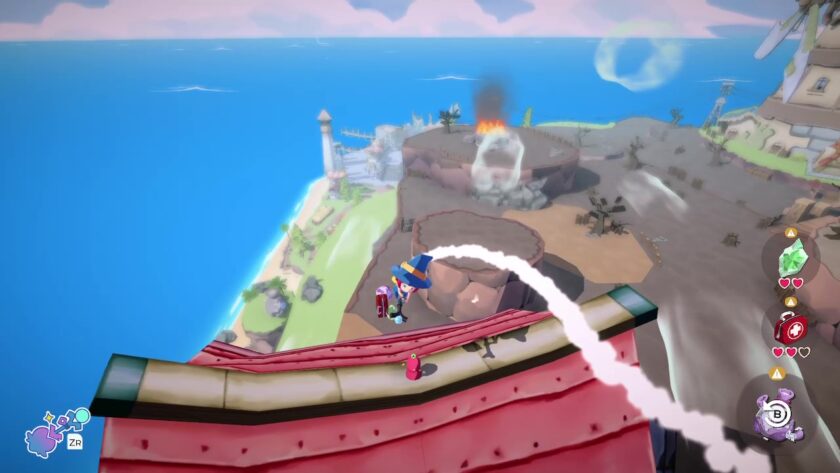 Mika flying over the roof of a building, trying to collect the little Napopo statue. Published on: LadiesGamers