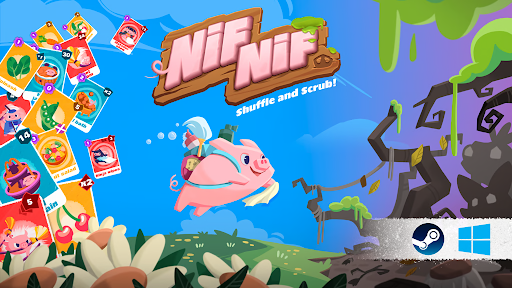 Colorful promotional image for Nif Nif, featuring a pig character flying through a whimsical landscape, holding a brush in its mouth. On the left, vibrant playing cards are scattered, showcasing various in-game elements. The game is available on both Steam and Windows platforms. Published on: LadiesGamers.