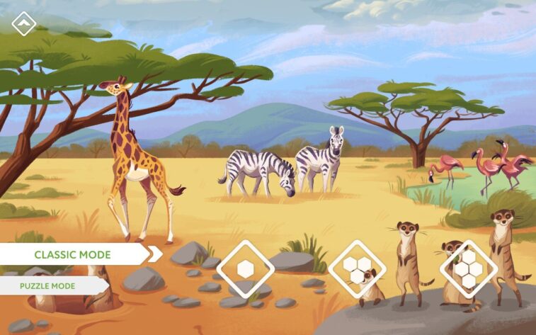 An illustration of a savanna landscape featuring a giraffe, zebras, flamingos, and meerkats. The menu offers options for Classic Mode and Puzzle Mode. Published on: LadiesGamers.