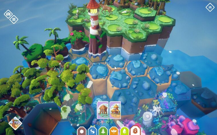 A vibrant floating island in Preserve Creative Mode featuring diverse habitats. The island includes lush green areas, palm trees, a lighthouse, and hexagonal tiles covered with rocks and water. At the bottom of the screen, two action cards display different structures, surrounded by various resource icons. Published on: LadiesGamers.