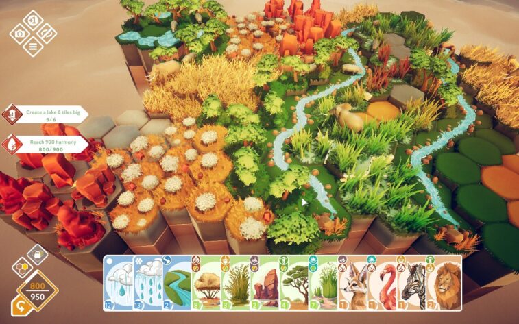 A diverse landscape with hexagonal tiles featuring a river, various terrains, and a mix of flora and fauna. Task objectives are shown on the left, and action cards at the bottom include weather and animal options. Published on: LadiesGamers.