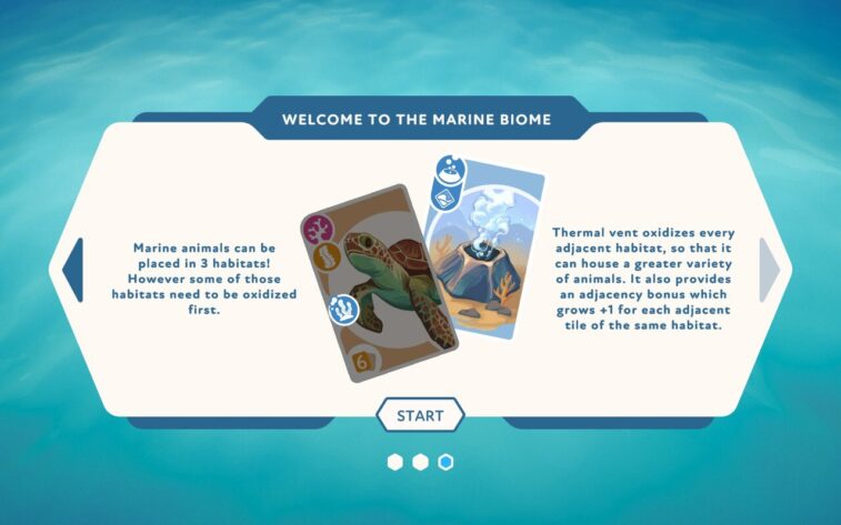 Introduction screen for the Marine Biome, explaining that marine animals can be placed in three habitats, with the need for oxidization. Includes examples of a sea turtle and a thermal vent card. Published on: LadiesGamers.
