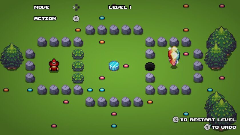 Level one with the mage standing behind three bushes, a blue stone in the centre and a crystal in an enclosed area with a hole blocking access. Published on: LadiesGamers