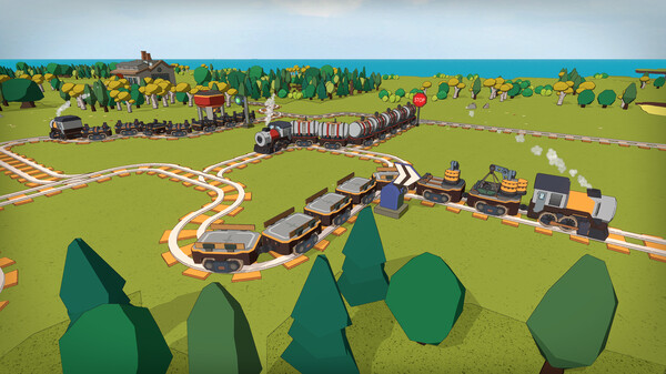 A colorful and vibrant screenshot from Super Loco World featuring a network of trains navigating winding tracks through a lush green landscape. Multiple trains, each with different cargo, traverse the rails, while trees and small buildings dot the surrounding area. The scene captures the bustling activity and strategic layout of the train system. Published on: LadiesGamers.
