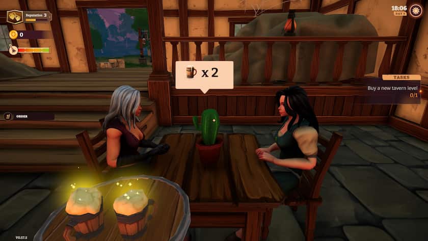 Tavern Manager Simulator Two women are sitting at a tavern table and they are both ordering beers.