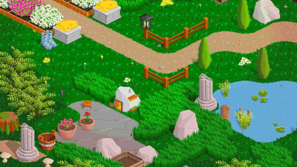 A thriving lawn with a marble column and a small pond.