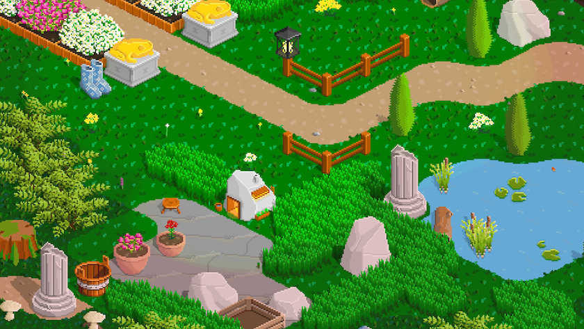 A thriving lawn with a marble column and a small pond.