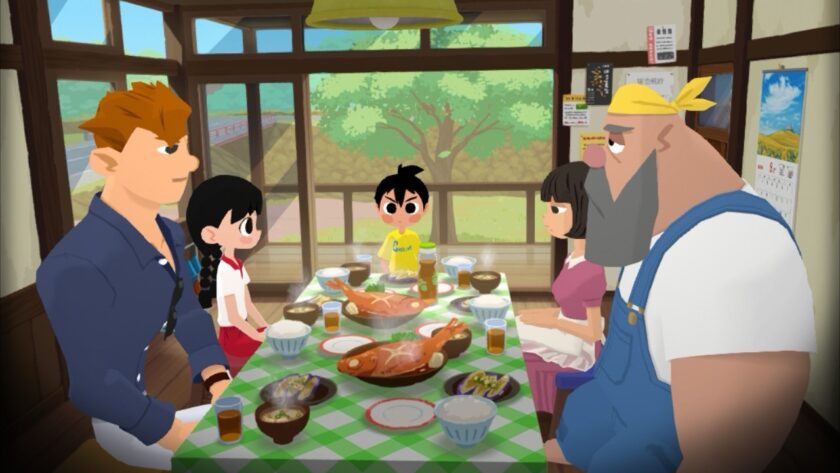 A group of characters gathers around a dinner table laden with traditional Japanese dishes, sharing a meal in a sunlit room with a peaceful view of nature outside. Published on: LadiesGamers.