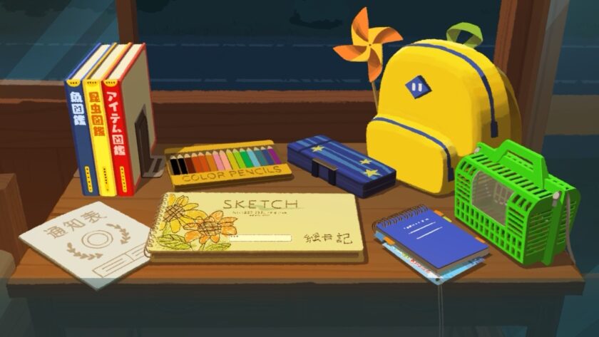 A cozy desk setup includes a set of color pencils, a sketchbook, a small backpack, and some neatly arranged books, creating a charming and nostalgic atmosphere. Published on: LadiesGamers.