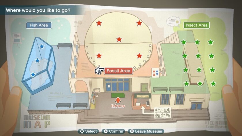 A hand-drawn map of the museum highlights different areas like Fish, Fossil, and Insect, with stars marking points of interest, inviting the player to choose their destination. Published on: LadiesGamers.