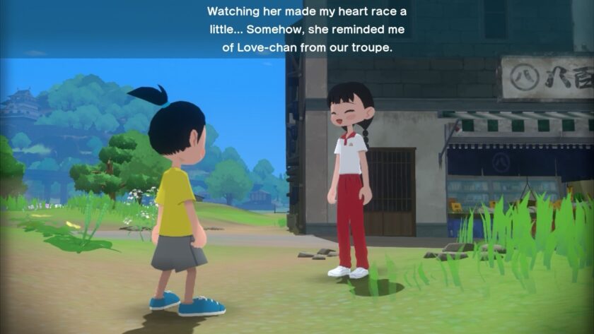 Satoru and Junko share a moment outdoors, with the boy reflecting on how the girl reminds him of "Love-chan from our troupe." Published on: LadiesGamers.