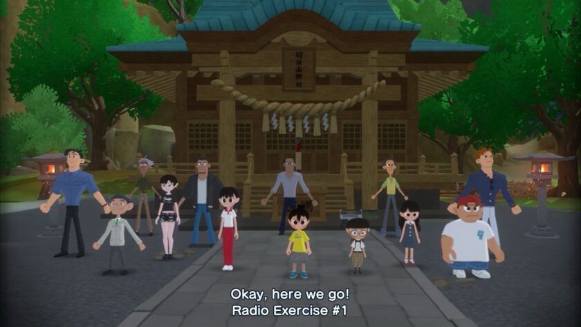 A group of villagers, including children and adults, stand in front of a traditional wooden shrine, preparing for "Radio Exercise #1" as announced by the on-screen text. Published on: LadiesGamers.