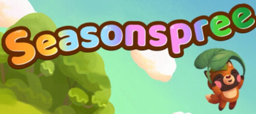 Title of Seasonspree with a tanuki gliding, using a leaf, across a landscape with trees.