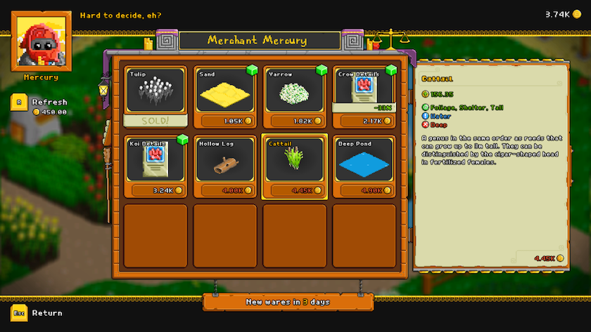 Shop screen in Horticular with water types and sand available for purchase.