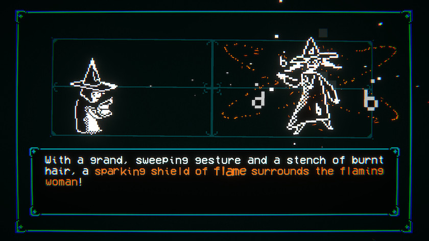 Leximan A combat screen between your leximancer and a tall woman on fire