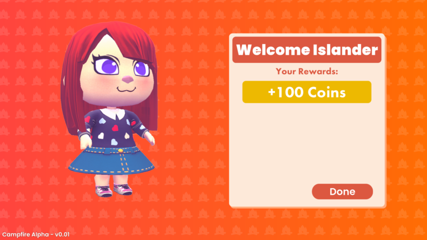 An image from Campfire Cozy Friends showing a female character with red hair, a blouse and a denim skirt. Next to her is a box that says "Welcome Islander" and a reward of 100 coins.
