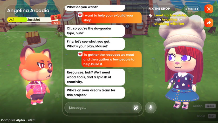 An image from Campfire Cozy Friends showing a conversation between the user and another character.