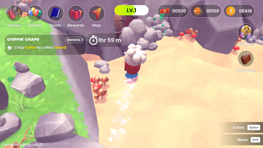 An image from Campfire Cozy Friends showing the Campfire island and a set of rocks. Beside them are a group of mushrooms and the female character is perusing the rocks in front of her.