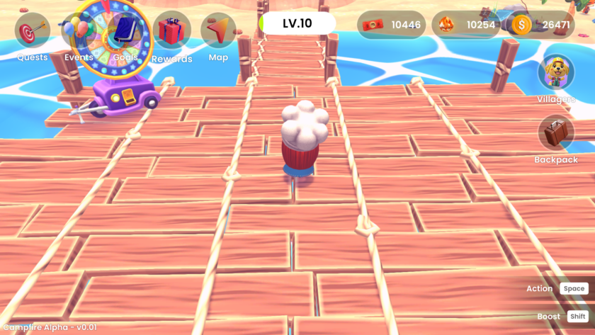An image from Campfire Cozy Friends showing a boardwalk with a long bridge and a wheel that you can spin on the left hand side.