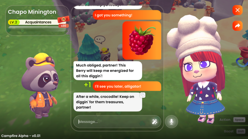 An image from Campfire Cozy Friends showing a raspberry being given as a gift to a character and a conversation with that character.