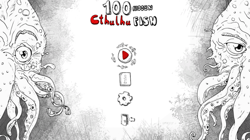An image from 100 Hidden Cthulhu Fish showing the main menu with the play button, information button, settings button and exit button
