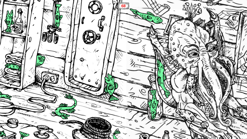 An image from 100 Hidden Cthulhu Fish showing an example of one of the levels filled with an underwater scene. The image is mainly black and white with some fish coloured in green that have already been discovered in the level