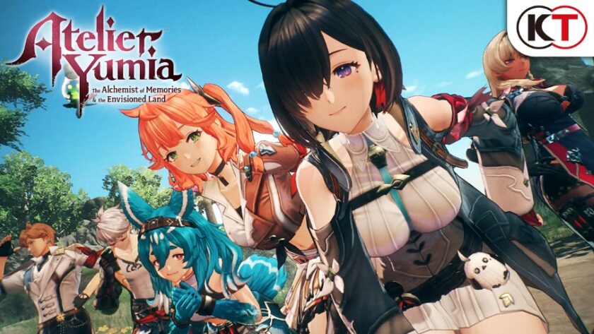 The image is a promotional artwork for Atelier Yumia: The Alchemist of Memories & the Envisioned Land. It features the main characters in a dynamic pose, with Yumia in the forefront smiling confidently. She is accompanied by a vibrant cast, including an orange-haired girl, a blue-haired girl with animal ears, and other adventurers, all dressed in detailed, fantasy-themed attire. The background showcases a lush landscape under a bright blue sky, highlighting the game's adventurous spirit. The game's title and logo are displayed in the top left corner. Published on: LadiesGamers.