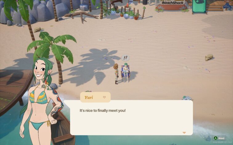 The image shows a character interaction in Coral Island at the beach near the Beach Shack. The player character is meeting Yuri, a friendly NPC with green hair, tattoos on her arm and shoulder, and wearing a colorful bikini with "Water Banana" printed on it. She is smiling warmly and says, "It's nice to finally meet you!" The conversation takes place on a sunny beach, with palm trees, sandy ground, and beach decor in the background, reflecting the game's relaxed, tropical setting. Published on: LadiesGamers.