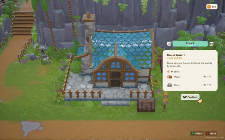 Screenshot of Coral Island features the character standing in front of their house, ready for an upgrade. The screen shows an upgrade menu indicating the required resources, including wood and stone, to advance the house to Level 1. The house has a charming design with a stone foundation and a blue tiled roof.
