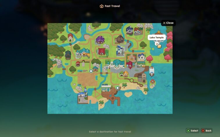 Screenshot of Coral Island shows the in-game map used for fast travel, highlighting different key locations across the island. The map is colorful and stylized, featuring icons for various buildings, paths, and landmarks, including the "Lake Temple," which is selected with a pointer. The design reflects the game's vibrant, friendly atmosphere.