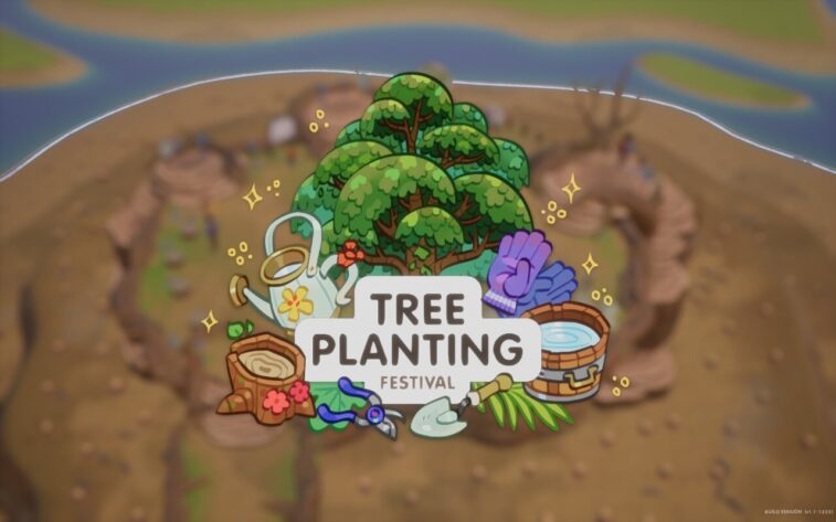 Screenshot of Coral Island displays the Tree Planting Festival screen, which features a festive and decorative banner with illustrations of trees, gardening tools, and accessories like gloves, a watering can, and a flower pot. The background shows a blurred view of a prepared planting area, emphasizing the game's focus on community and environmental care.