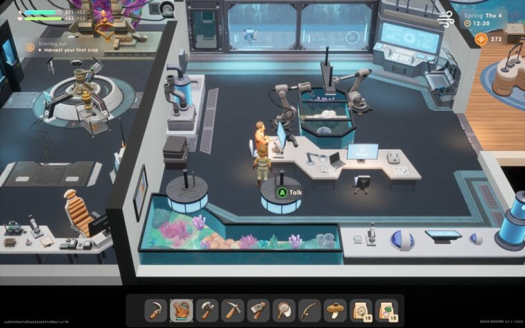 Screenshot of Coral Island captures an interior scene in a modern laboratory filled with advanced equipment, such as robotics and aquariums. The player character is interacting with another character at a workstation, indicating the integration of technology and marine research within the game.