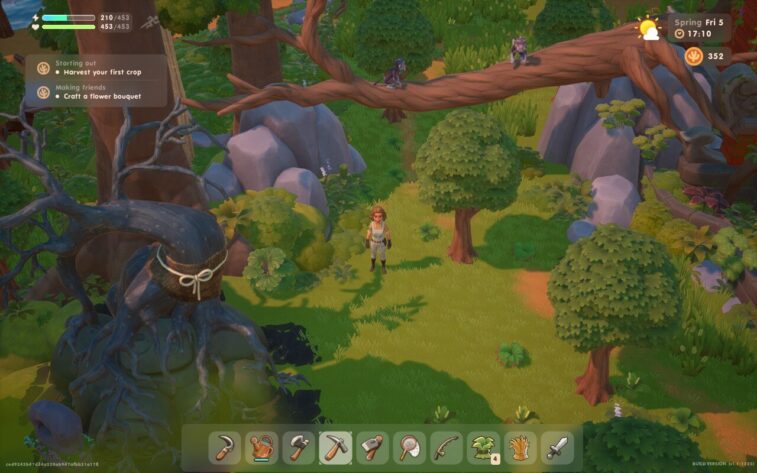 Screenshot of Coral Island depicts the character exploring a lush, green forest area with large trees and a mystical-looking tree wrapped in rope. The environment is filled with dense foliage, rocks, and tree roots, suggesting a place of discovery and adventure.
