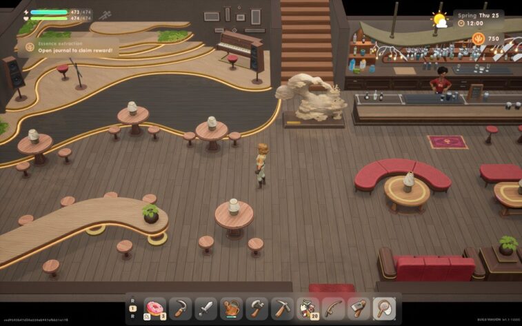 Screenshot of Coral Island captures an interior view of a modern bar or lounge area. The space is spacious with stylish wooden flooring, small round tables, stools, a bar counter, and unique decor, including a piano and a sculpture. The character stands in the middle, highlighting the serene ambiance of the location, which serves as a social hub within the game.
