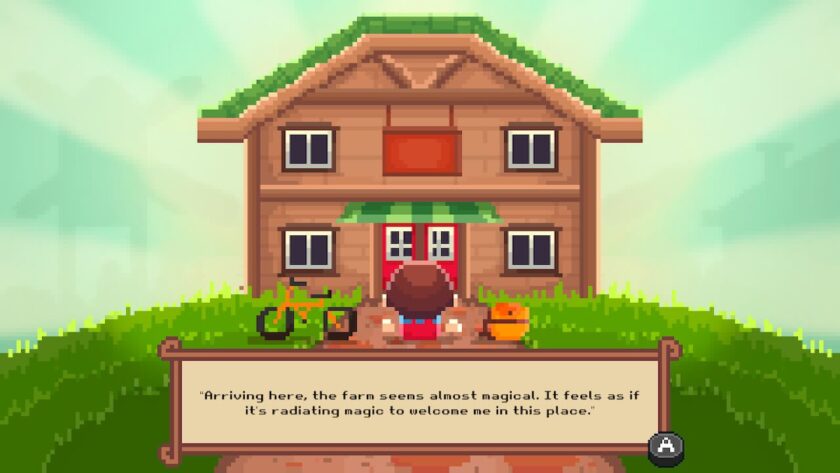 The farmer character standing in front of a house with the words: “Arriving here, the farm seems almost magical. It feels as if it's radiating magic to welcome me in this place.” Published on: LadiesGamers