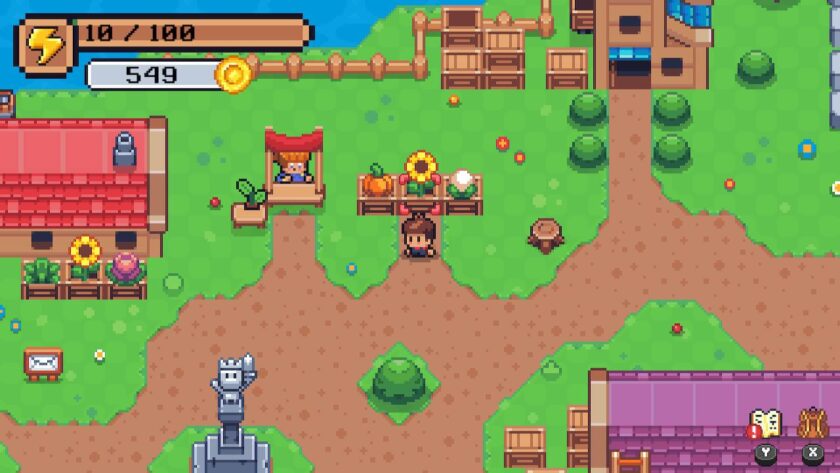 The farmer character standing near the seed seller, there is a pumpkin, sunflower and cauliflower arranged in pots. Published on: LadiesGamers