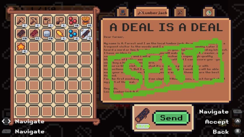 Quest for the lumberjack of 20 wood, with a large green “sent' across the quest notes. Published on: LadiesGamers