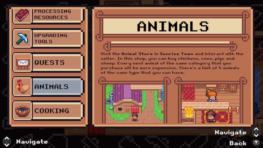The guide book open at animals. It reads “Visit the Animal Store in Sunrise Town and interact with the seller. In this shop, you can buy chickens, cows, pigs and sheep.” Published on: LadiesGamers