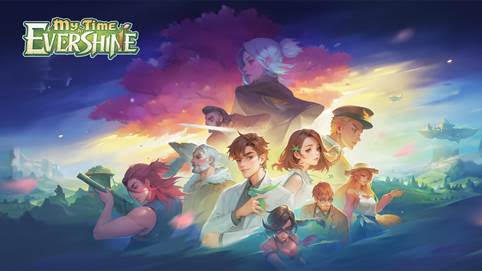 The image shows the promotional artwork for My Time at Evershine, featuring a group of diverse characters in the foreground with various expressions and poses, symbolizing the different roles they play in the game. In the background, a large, colorful tree dominates the sky, with a mystical landscape of floating islands and soft, pastel clouds. The game's logo is displayed in the top left corner with a whimsical font. Published on: LadiesGamers.