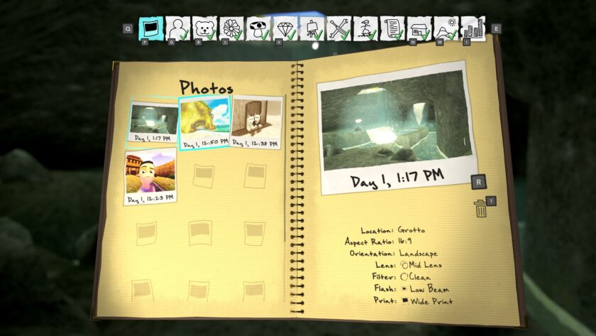 The image shows a photo album interface from the game Fomography, featuring several in-game photos arranged in a spiral-bound notebook. On the left page, there are three photos taken on Day 1, each with timestamps and depicting different scenes, including a beach, a character portrait, and a pair of animals. The right page features a larger photo of a cave labeled “Day 1, 1:17 PM” with details about the photo's location, aspect ratio, lens, filter, and flash settings listed below. Icons at the top indicate different album categories. Published on: LadiesGamers.
