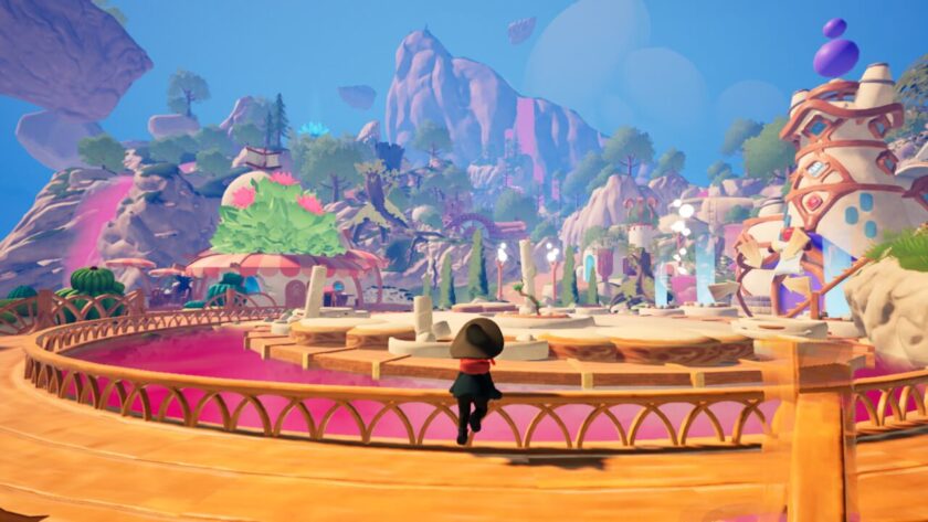 A cinematic view of Moonflower Island, with the player's character looking at buildings, high mountains and lush vegetation. Published on: LadiesGamers