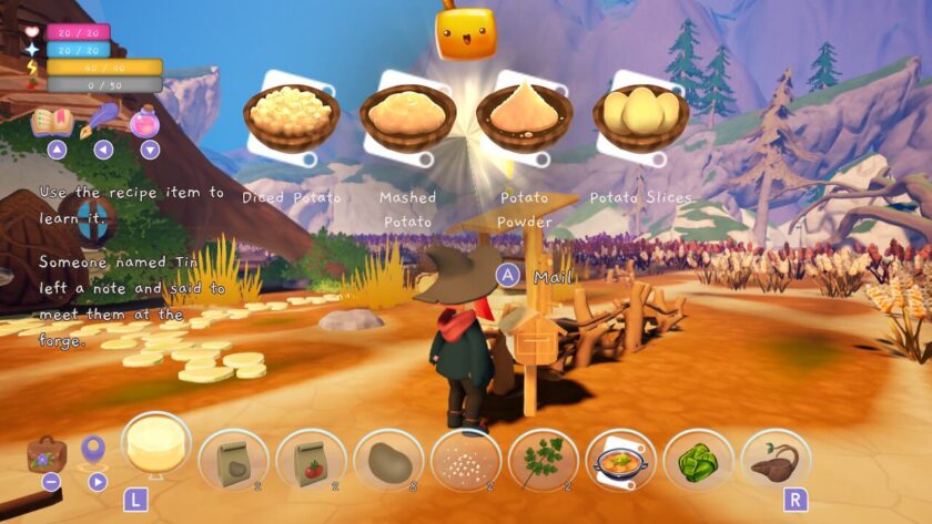 The player's character standing at the mail box, reading some letters. Hints appear on-screen saying “Use the recipe item to learn it” and “Someone named Tin left a note and said to meet them at the forge.” New recipes for diced potato, mashed potato, potato powder and potato slices appear at the top of the screen. Published on: LadiesGamers