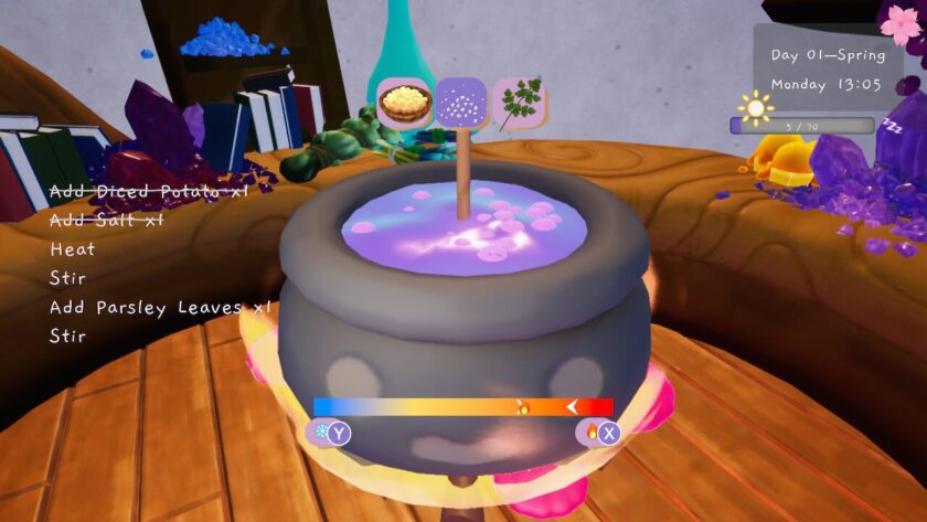 Cooking mini-game. Ingredients hover above the cauldron, with a list of instructions: add diced potato x1; add salt x1; heat; stir; add parsley leaves x1; stir. Published on: LadiesGamers